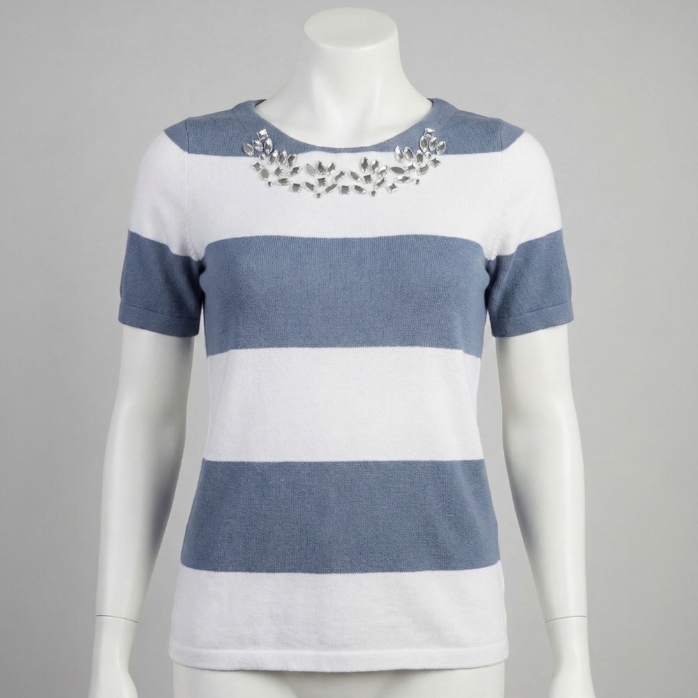 The Limited Striped Rhinestone Jewel Neck Short Sleeve Knit Sweater Top Size M